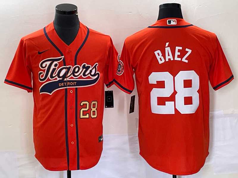 Men%27s Detroit Tigers #28 Javier Baez Number Orange Cool Base Stitched Baseball Jersey->detroit tigers->MLB Jersey